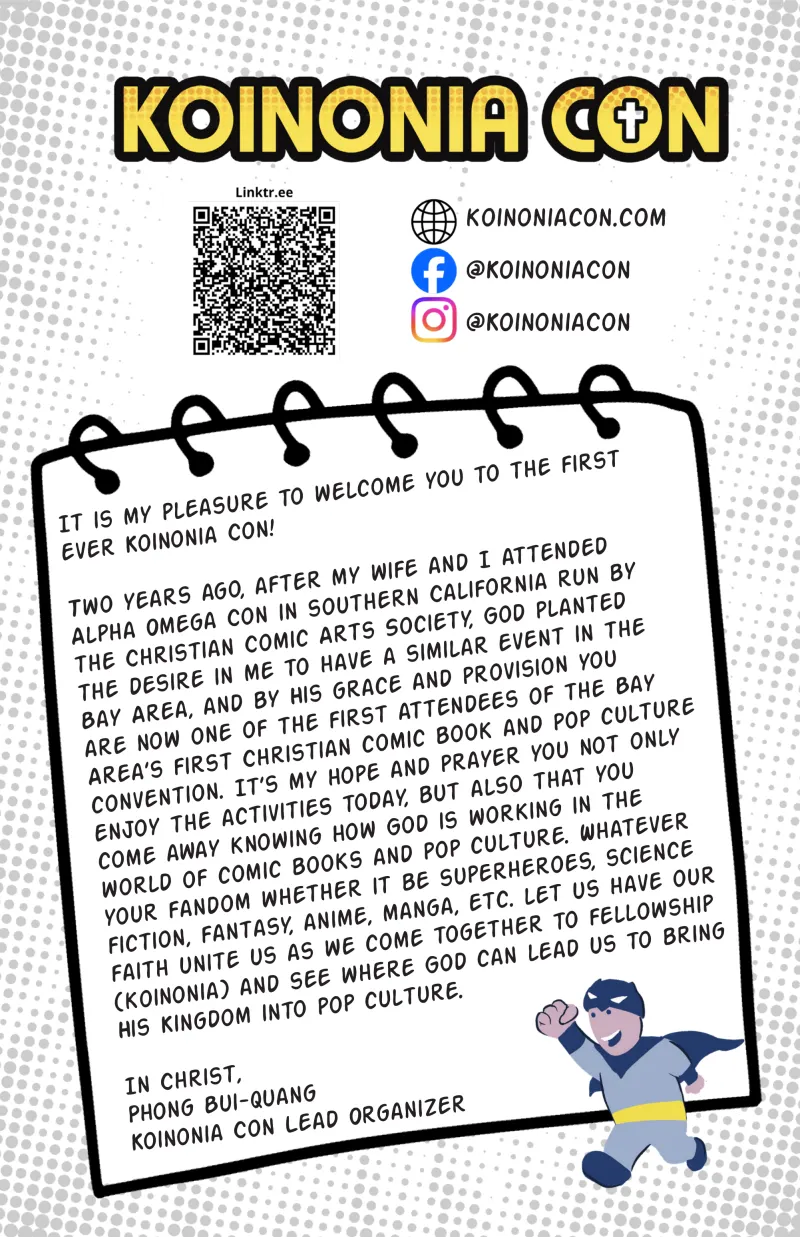 Welcome letter from lead organizer Phong Bui-Quang, with koinoniacon.com and @koinoniacon on Facebook and Instagram.