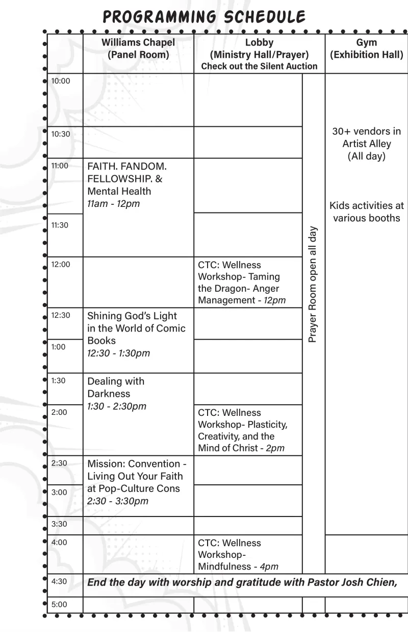 Programming schedule, left half: Williams Chapel, Lobby and Gym from 10am to 5pm.
