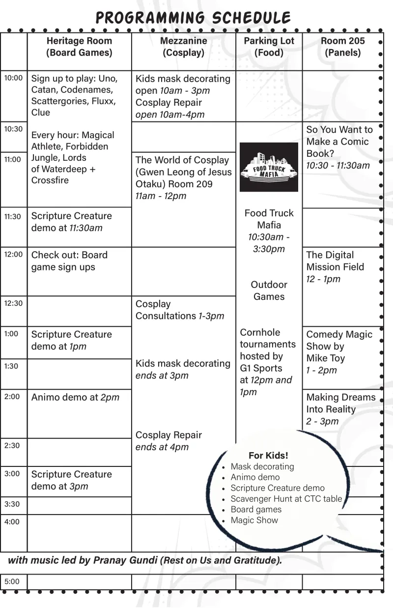 Programming schedule, right half: Heritage Room, Mezzanine, Parking Lot and Room 205 from 10am to 5pm.