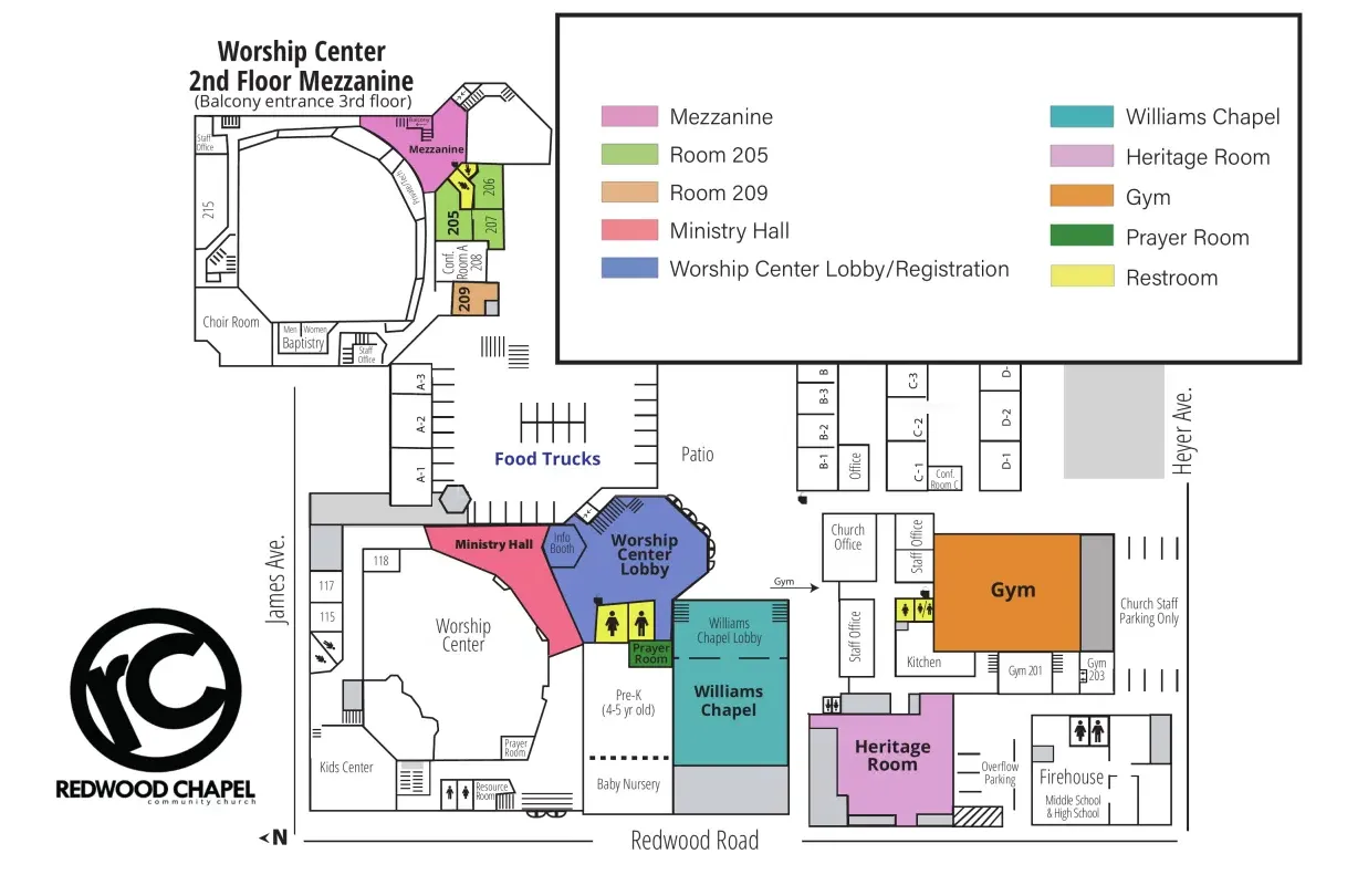 Redwood Chapel campus map showing the Gym, Heritage Room, Williams Chapel, Worship Center Lobby, Ministry Hall, food trucks, and the second-floor Mezzanine with Rooms 205 and 209.