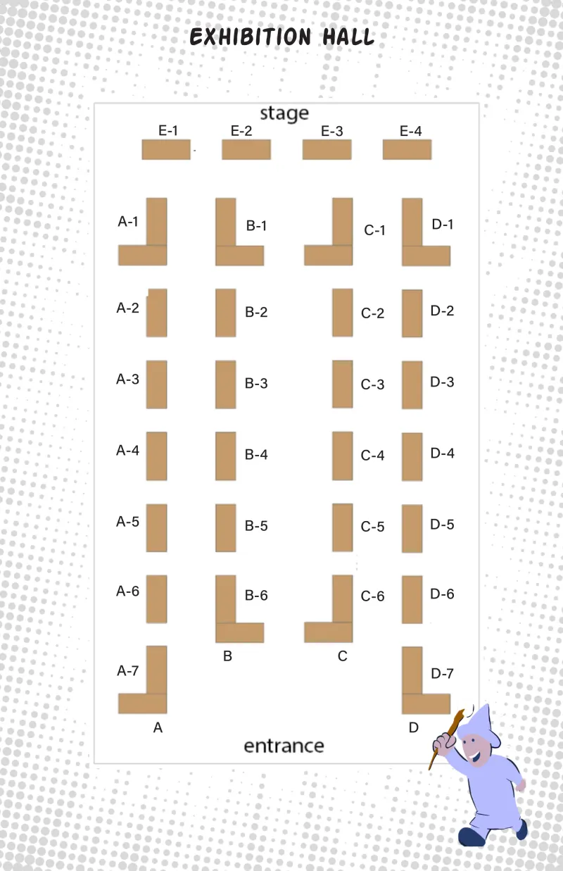 Exhibition Hall floor plan: rows A through D from the entrance to the stage, with booths E-1 to E-4 along the stage.