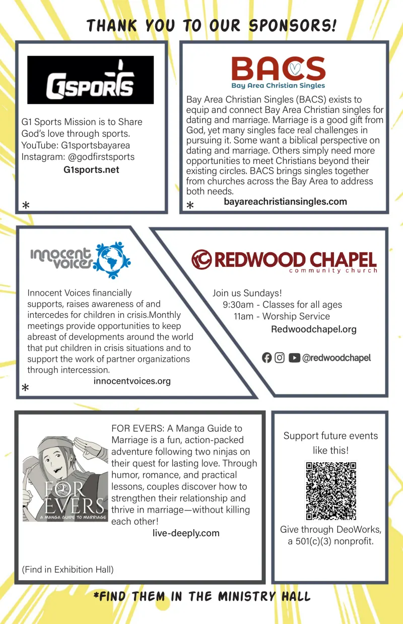Sponsors: G1 Sports, Bay Area Christian Singles, Innocent Voices, Redwood Chapel, and For Evers: A Manga Guide to Marriage. Give through DeoWorks.
