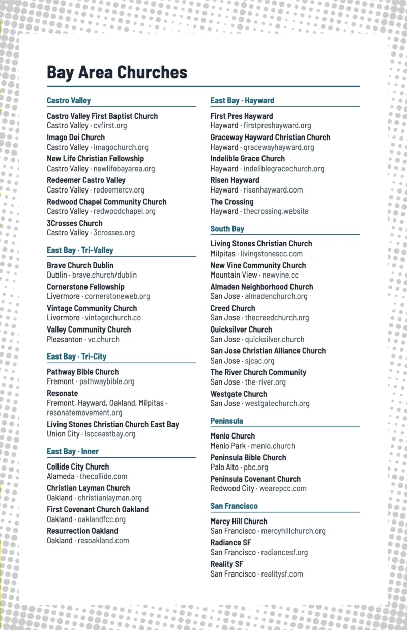 Bay Area churches by region: Castro Valley, Tri-Valley, Tri-City, Inner East Bay, Hayward, South Bay, Peninsula and San Francisco.